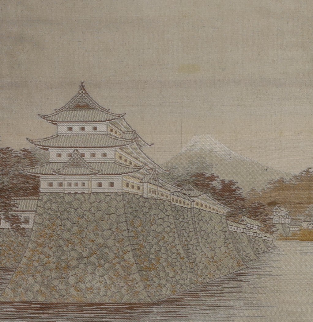 A set of six Japanese silk woven architecture scenes in painted lacquered framed, 25 x 24cm